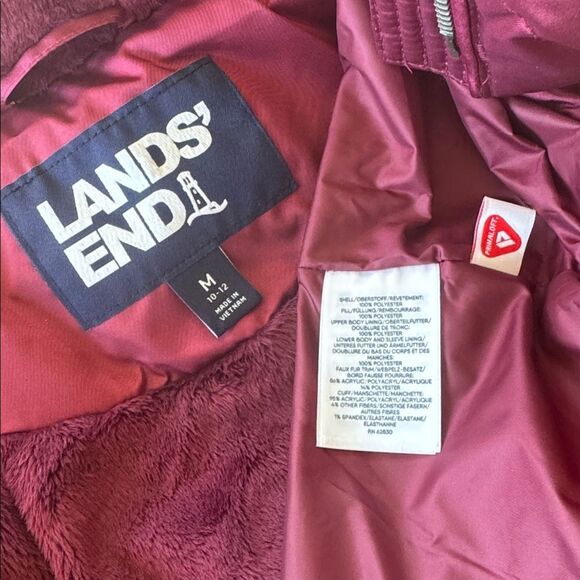 Lands' End PRIMALOFT Warm Burgundy Puffer Jacket Winter Coat Faux Fur Trim Sz M - Picture 6 of 16